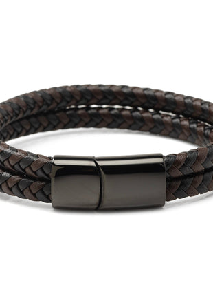 Black and Brown Braided Leather Bracelet with Gunmetal Stainless Steel Magnetic Clasp