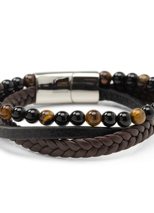 Stainless Steel Stacked Brown Leather Bracelet with Tigers Eye