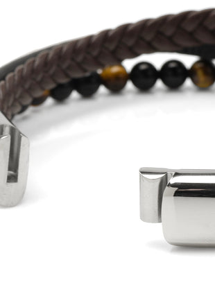 Stainless Steel Stacked Brown Leather Bracelet with Tigers Eye
