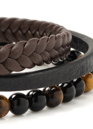 Stainless Steel Stacked Brown Leather Bracelet with Tigers Eye