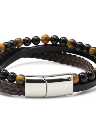 Stainless Steel Stacked Brown Leather Bracelet with Tigers Eye