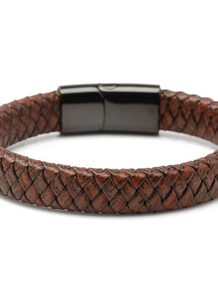 Red Brown Braided Leather Bracelet with Gunmetal Stainless Steel Magnetic Clasp