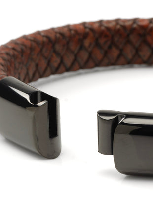 Red Brown Braided Leather Bracelet with Gunmetal Stainless Steel Magnetic Clasp