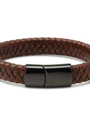 Red Brown Braided Leather Bracelet with Gunmetal Stainless Steel Magnetic Clasp