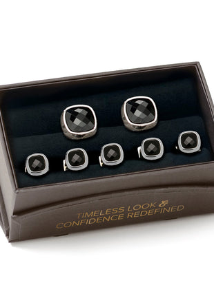 Faceted Onyx Cushion Stainless Steel 5-Stud Set