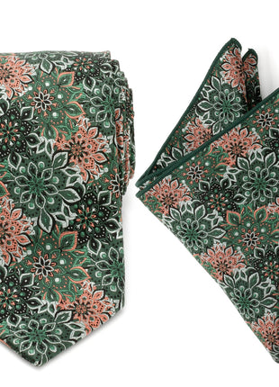 Green Floral Tie and Pocket Square Gift Set
