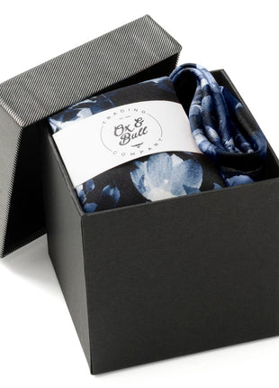 Painted Floral Blue Necktie and Pocket Square Gift Set