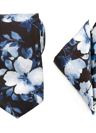 Painted Floral Blue Necktie and Pocket Square Gift Set