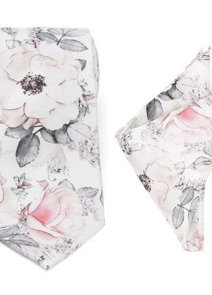 Painted Floral Gray Necktie and Pocket Square Gift Set
