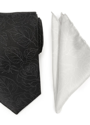Black Floral Tie and Pocket Square Gift Set