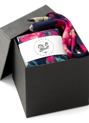 Painted Floral Navy Necktie and Pocket Square Gift Set