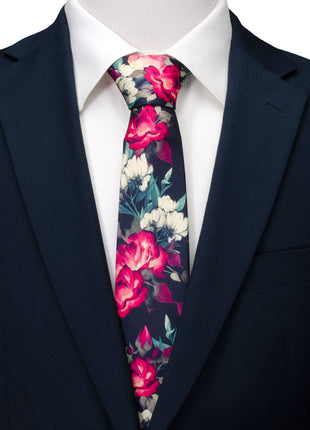 Painted Floral Navy Necktie and Pocket Square Gift Set