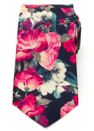 Painted Floral Navy Necktie and Pocket Square Gift Set