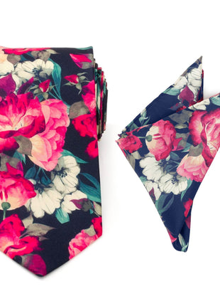 Painted Floral Navy Necktie and Pocket Square Gift Set