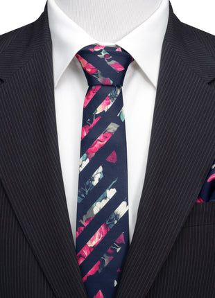 Painted Floral Navy Stripe Silk Men's Tie