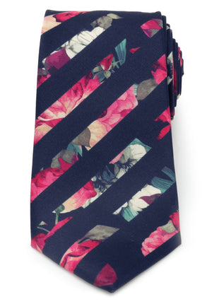 Painted Floral Navy Stripe Silk Men's Tie