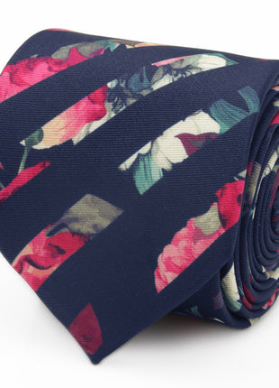 Painted Floral Navy Stripe Silk Men's Tie