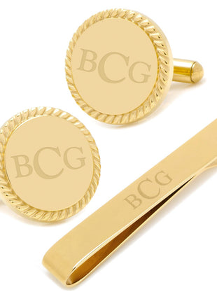 Engravable Gold Plated Rope Border Round Cufflinks and Tie Bar Gift Set