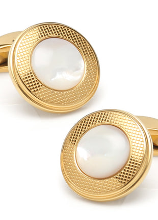 Mother of Pearl Round Gold Stainless Steel Cufflinks
