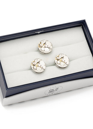 Open Edge Skeleton Watch Movement Cufflinks and Lapel Pin Gift Set