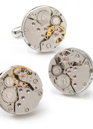 Open Edge Skeleton Watch Movement Cufflinks and Lapel Pin Gift Set