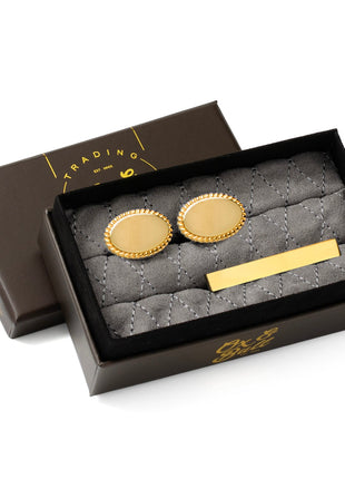 14K Gold Plated Rope Border Oval Cufflinks and Tie Bar Gift Set
