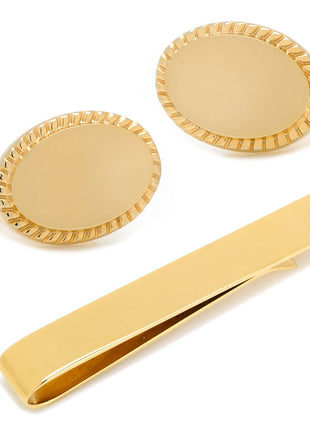 14K Gold Plated Rope Border Oval Cufflinks and Tie Bar Gift Set