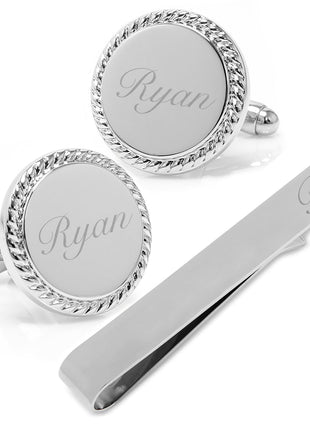 Engravable Rope Border Round Cufflinks and Tie Bar Gift Set