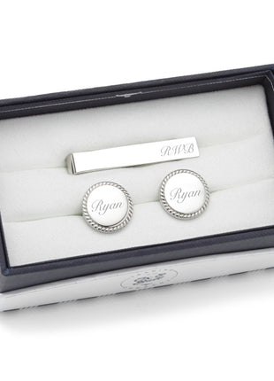 Engravable Rope Border Round Cufflinks and Tie Bar Gift Set
