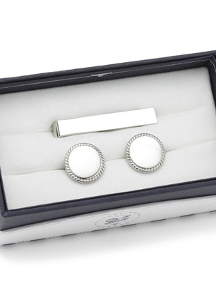 Engravable Rope Border Round Cufflinks and Tie Bar Gift Set