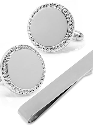 Engravable Rope Border Round Cufflinks and Tie Bar Gift Set