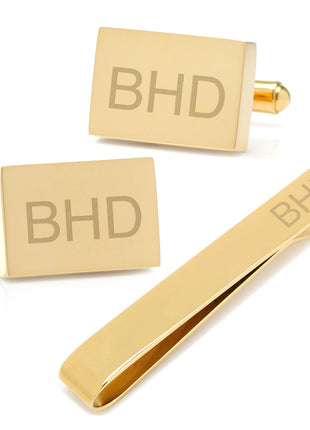 Engravable Rectangle Gold Cufflinks and Tie Bar Gift Set