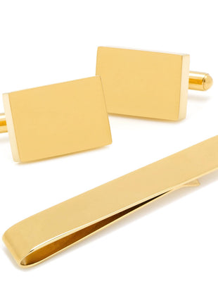 Engravable Rectangle Gold Cufflinks and Tie Bar Gift Set