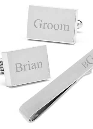 Engravable Rectangle Cufflinks and Tie Bar Gift Set