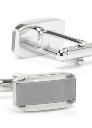 Silver Rectangular Cufflink with Gray Cats Eye