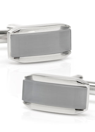 Silver Rectangular Cufflink with Gray Cats Eye