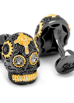 Sterling Silver Black and 18K Gold Vermeil Day of the Dead Skull Cufflinks