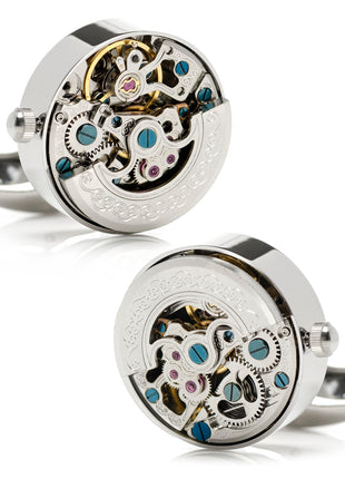 Silver Stainless Steel Kinetic Watch Movement Cufflinks