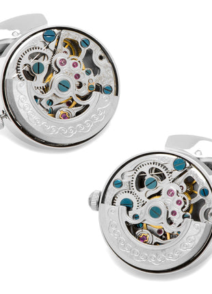 Silver Stainless Steel Kinetic Watch Movement Cufflinks