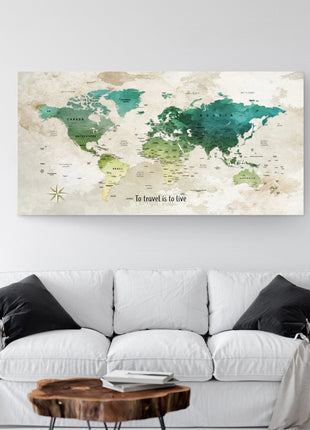 Push Pin Travel Map - Greens and Yellow