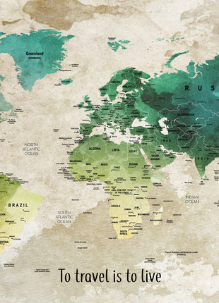 Push Pin Travel Map - Greens and Yellow