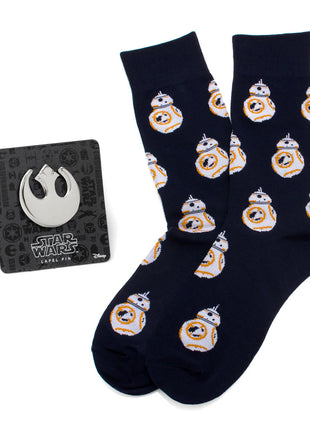 Star Wars BB-8 Navy Dress Socks and Rebel Alliance Starbird Crest Lapel Pin Gift Set