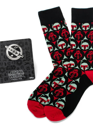 Star Wars Boba Fett and Mythosaur Black and Red Dress Socks and Crest Lapel Pin Gift Set