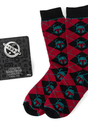 Star Wars Boba Fett Maroon and Black Argyle Socks and Crest Lapel Pin Gift Set