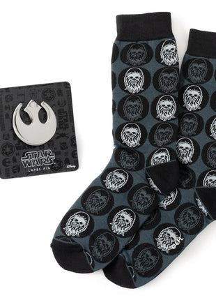 Star Wars Chewbacca Black Dress Socks and Rebel Alliance Starbird Crest Lapel Pin Gift Set