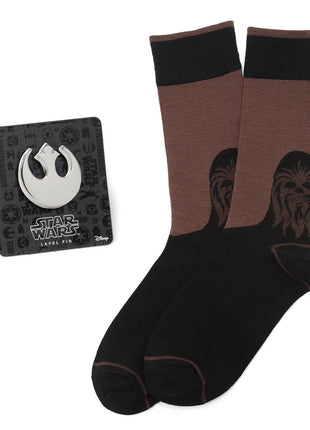 Star Wars Chewbacca Brown and Black Dress Socks and Rebel Alliance Starbird Crest Lapel Pin Gift Set