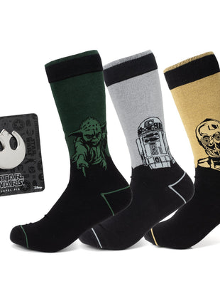 Star Wars Yoda, R2-D2, and C-3PO Dress Socks 3-Pack with Rebel Crest Lapel Pin Gift Set