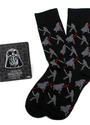 Star Wars Darth Vader and Luke Skywalker LIGHTSABER Battle Black Dress Socks and Darth Vader Lapel Pin Gift Set