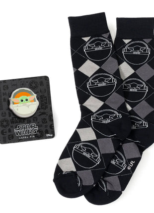 Star Wars Grogu Charcoal Gray Argyle Socks and Lapel Pin Gift Set