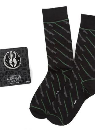 Star Wars Green LIGHTSABER Dress Socks with Jedi Crest Lapel Pin Gift Set